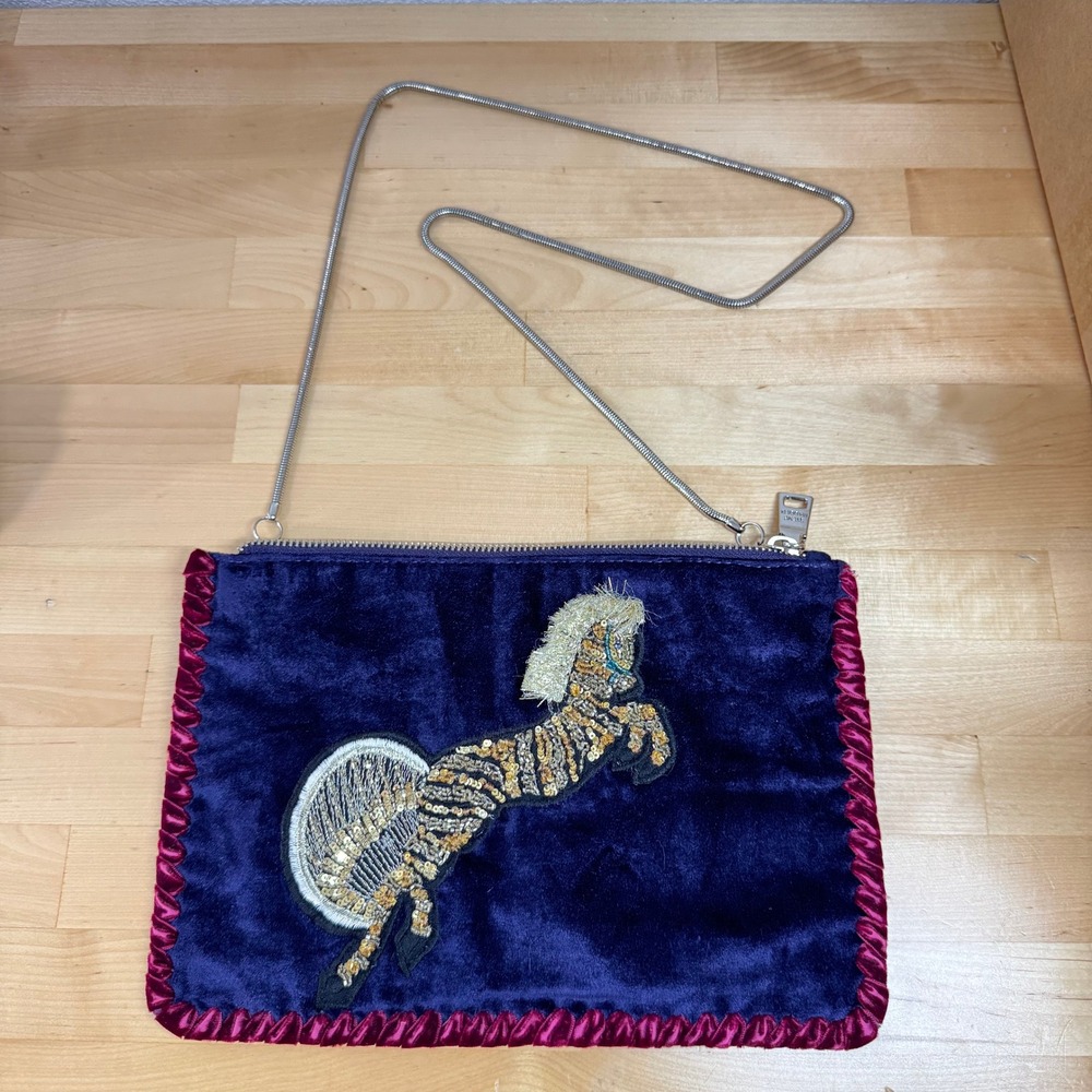 Steve Madden‎ Velvet Zebra Sequin Crossbody Bag Navy Blue Magenta Ruffle Trim